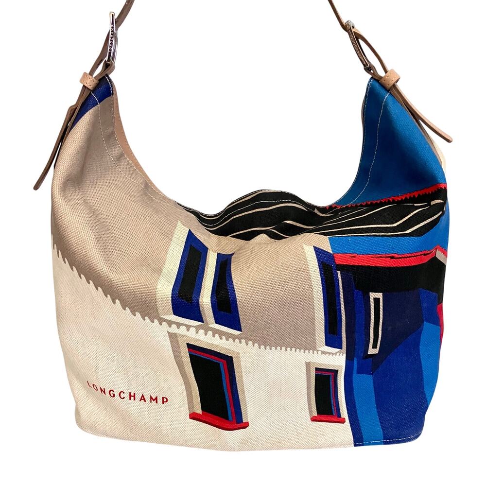Longchamp France Canvas Shoulder Bag Finca Luisa Geometric Graphic Textile Tote - Picture 4 of 12
